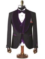  Mens Black with Dark Purple Velvet Lapel 3-Piece Tailored-Fit Tuxedo