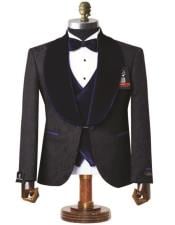  Mens Black with Navy Blue Velvet Lapel 3-Piece Tailored-Fit Tuxedo