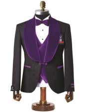  Mens Black with Purple Velvet Lapel 3-Piece Tailored-Fit Tuxedo