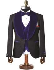  Mens Black with Royal Velvet Lapel 3-Piece Tailored-Fit Tuxedo