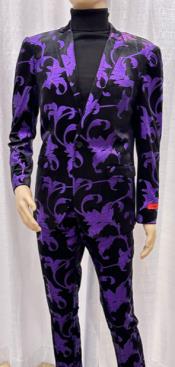  Mens Paisley Suit - Black and Purple Floral Suit - Prom Party