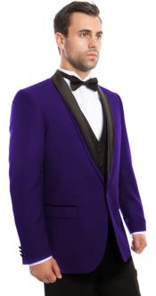  Mens One Button Vested Satin Trimmed Shawl Lapel Tuxedo in Purple