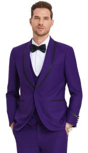  Mens One Button Vested Shawl Tuxedo in Purple Birdseye with Black Satin