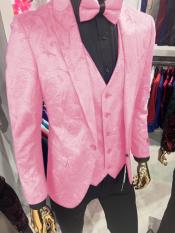  Paisley Blazer Floral Texture - Velvet Fabric + Black Vest + Black Pants in Baby Pink Color