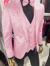  Paisley Blazer Floral Texture - Velvet Fabric + Black Vest + Black Pants in Light Pink Color