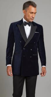  Mens Double-Breasted Blue Velvet Tuxedo with Peak Lapel