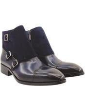  Calf and Suede Three Buckles Monk Chukka Boot Navy