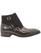  Calf and Suede Three Buckles Monk Chukka Boot Black
