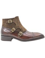  Calf and Suede Three Buckles Monk Chukka Boot Chestnut