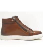  High Top Side Zipper Leather Sneaker Whisky