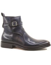  Buckle Leather Strap Boots Navy